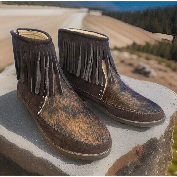 Montana West Fringe Ankle Boots Hair-On Cowhide Back Zip Coffee Women's 7/8 DESC - Picture 13 of 14